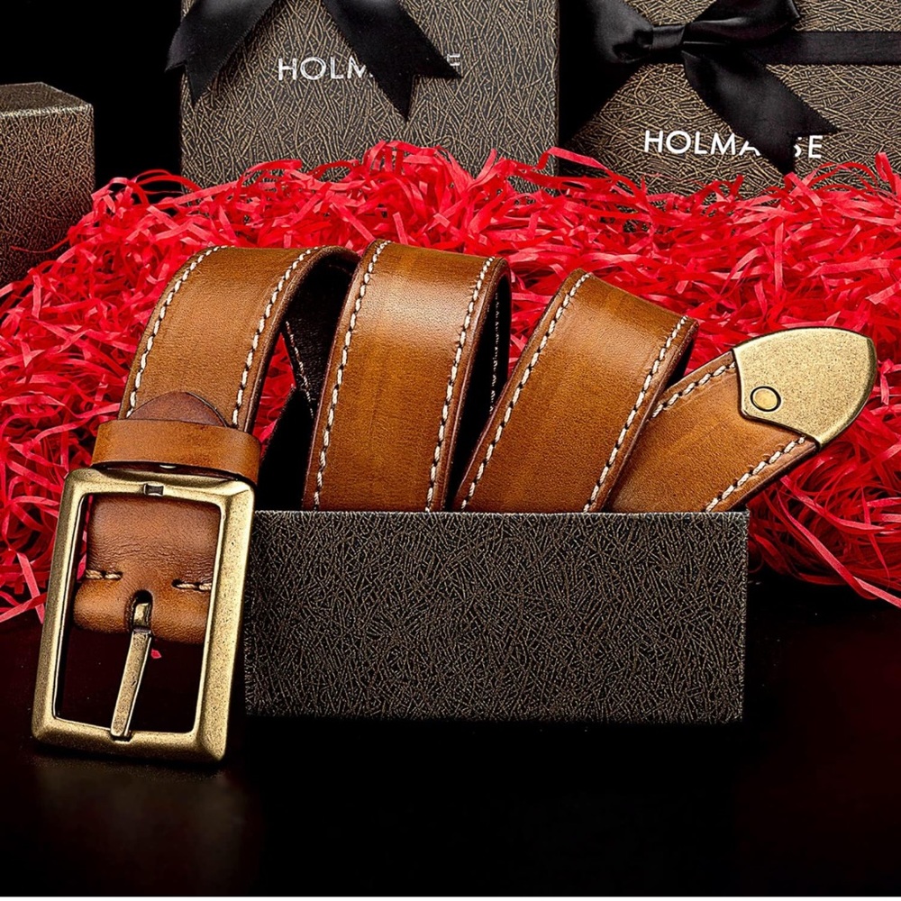 Leather Belt Men Western Cowboy Belt for Jeans 1.5 Wide 7 Holes Gift Box
